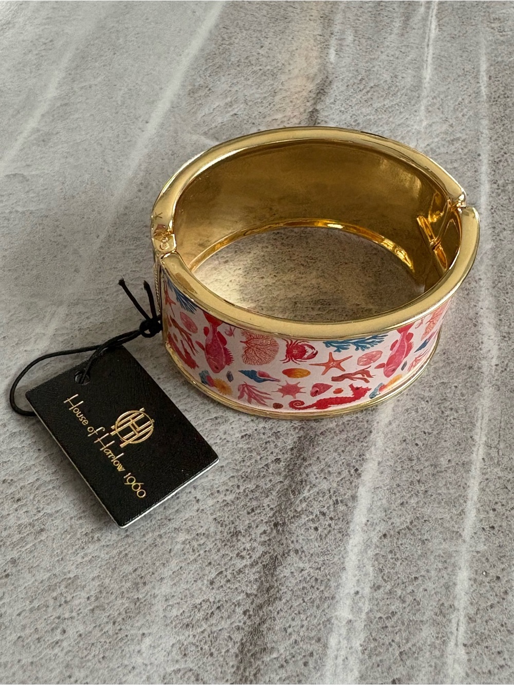 House of Harlow 1960 Cuff Gold Nautical Marine Bracelet Fish Crab Coral Seahorse